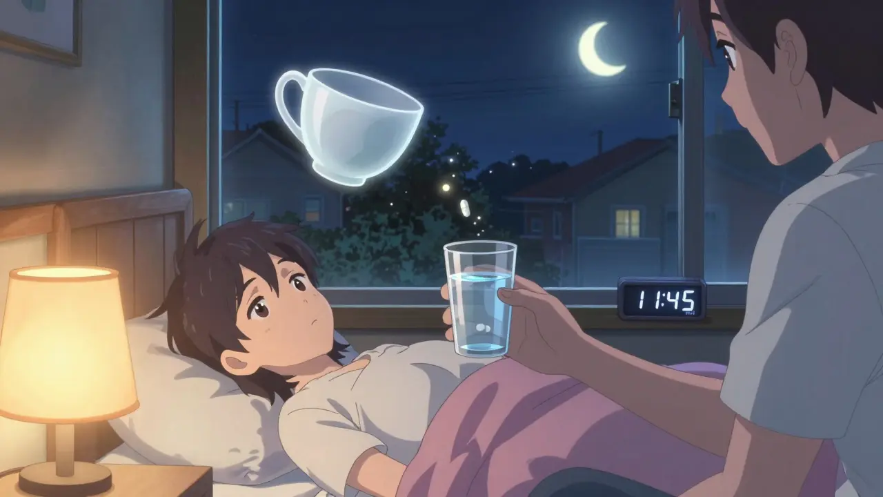 Person taking thyroid medication at night with fading coffee ghost in moonlit room.