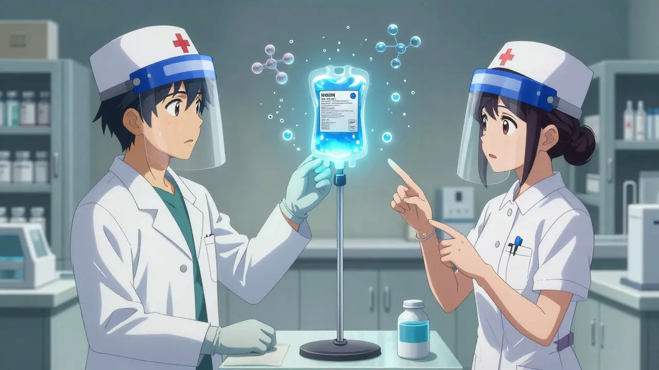 Pharmacist and nurse inspecting a glowing chemotherapy IV bag under UV light with floating molecular data.