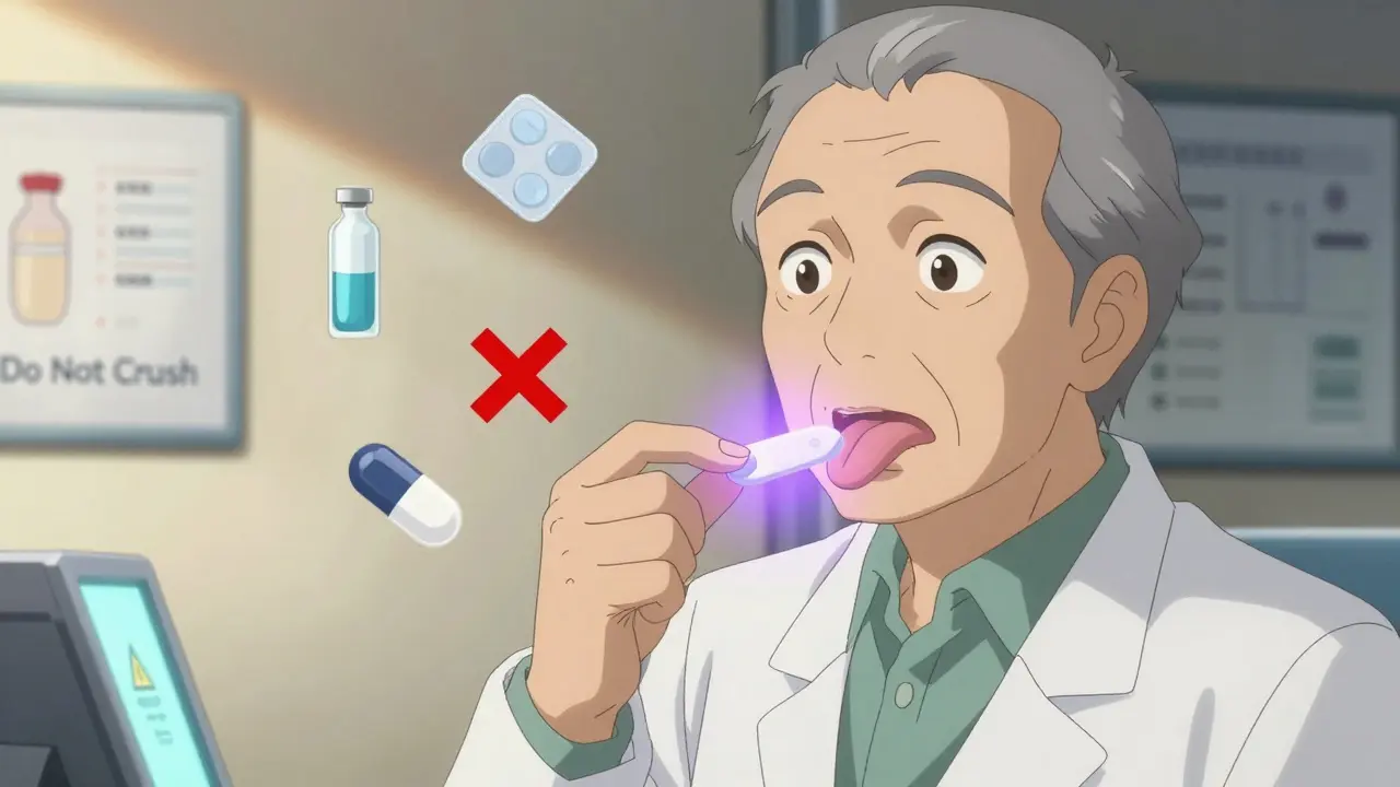 Pharmacist giving a dissolvable medicine film to an older adult, with icons of alternative medication forms floating nearby.