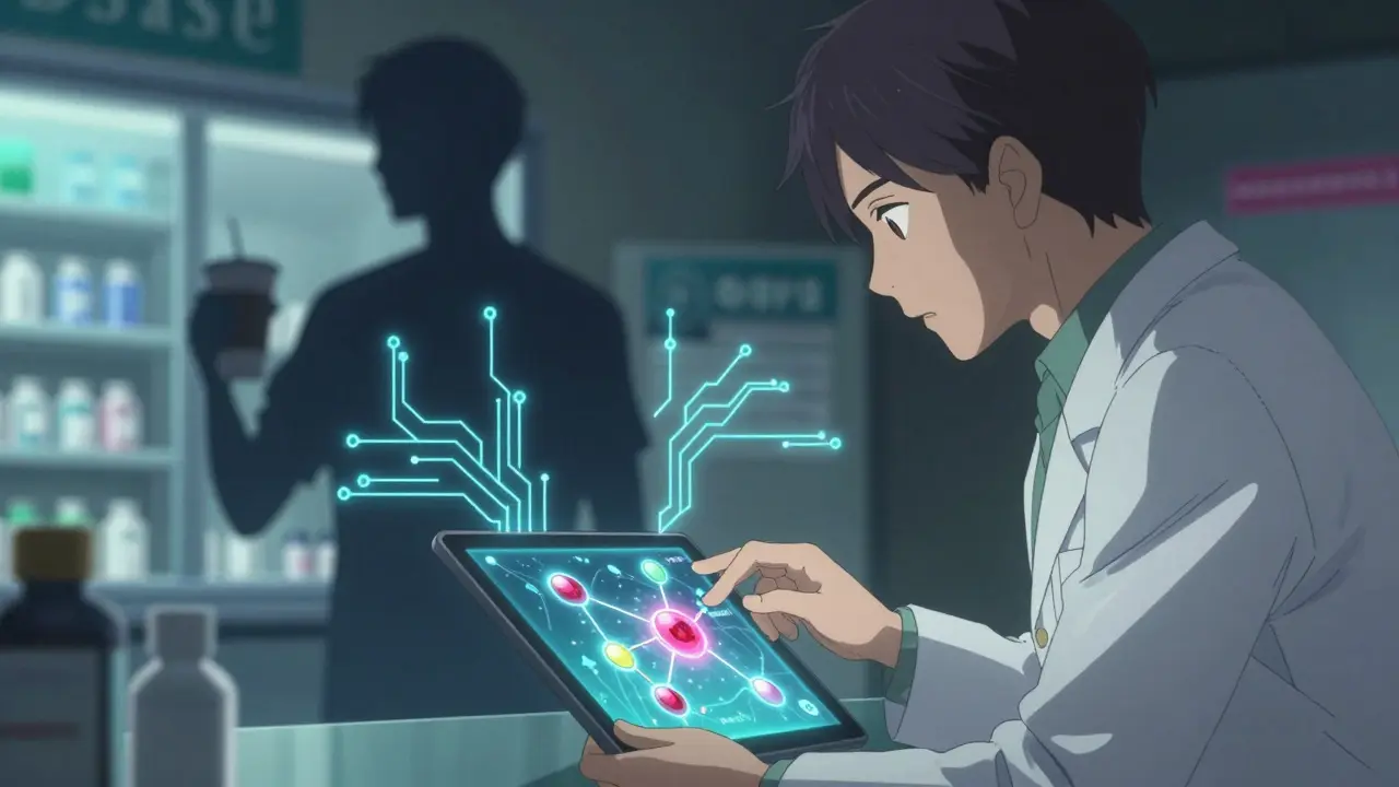 Pharmacist reviewing digital interaction map with glowing warning connections between medications and supplements.