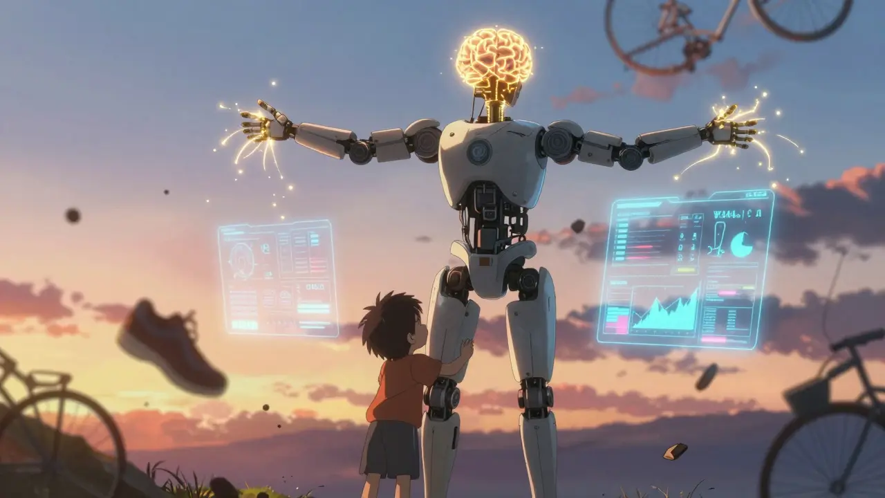 Someone standing with robotic exoskeleton as their child hugs them, neural sparks and holographic data glowing in background.