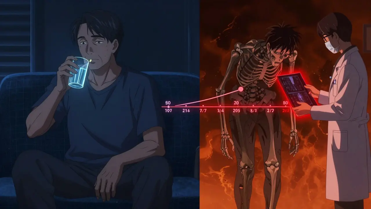 Split scene of a man at 50 and 72, showing bone health decline over time with PPI use and DEXA scan.