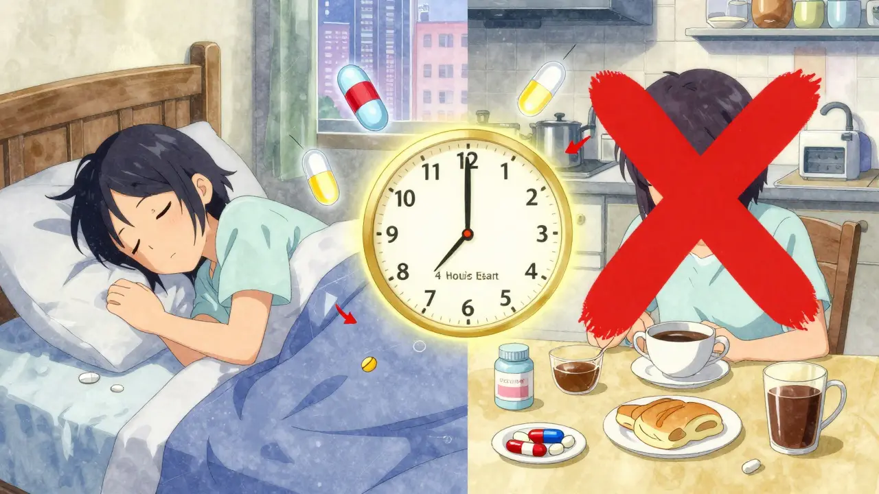 Split scene showing correct vs incorrect timing for thyroid medication with glowing clock and crossed-out breakfast items.