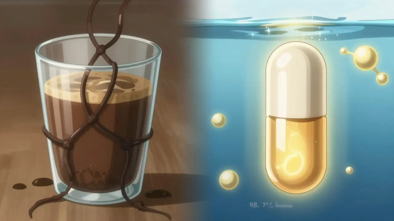Split scene: tablet blocked by coffee vines vs. liquid capsule glowing with clean absorption.