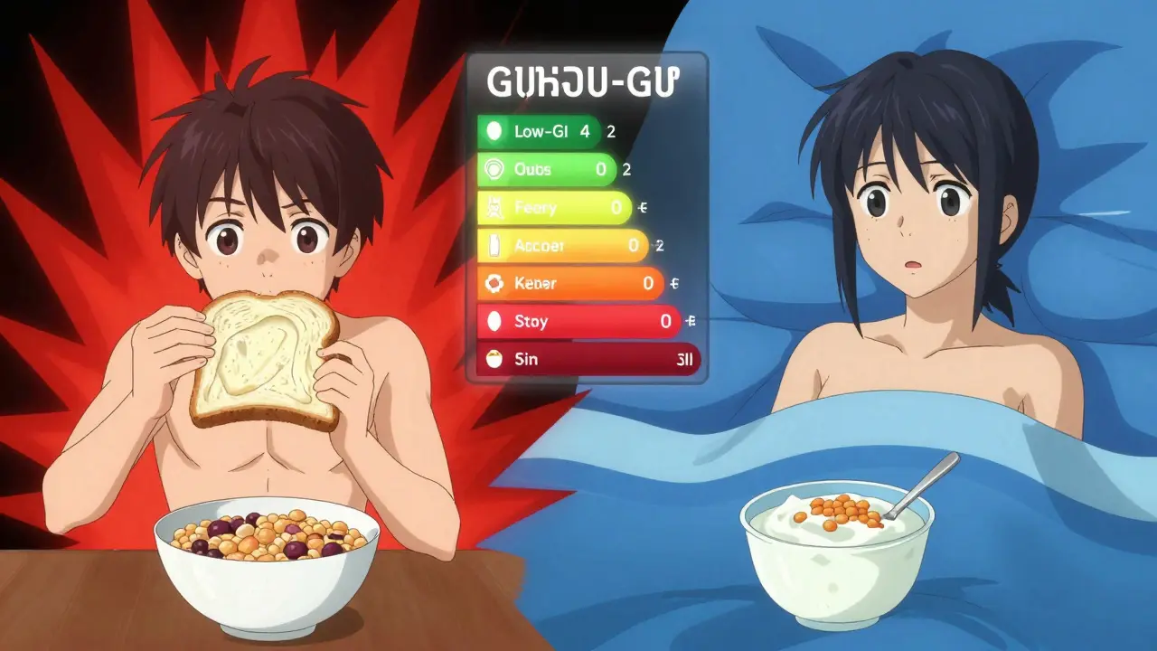 Split-screen showing blood sugar spikes from unhealthy foods vs. smooth waves from healthy choices.