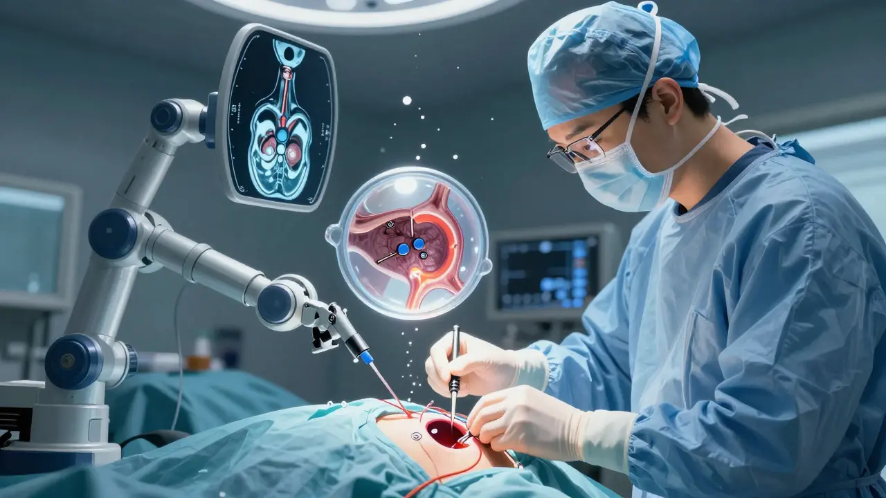 Surgeon repairing hip labrum with bioabsorbable anchors during arthroscopy, floating 3D MRI visuals in anime style.