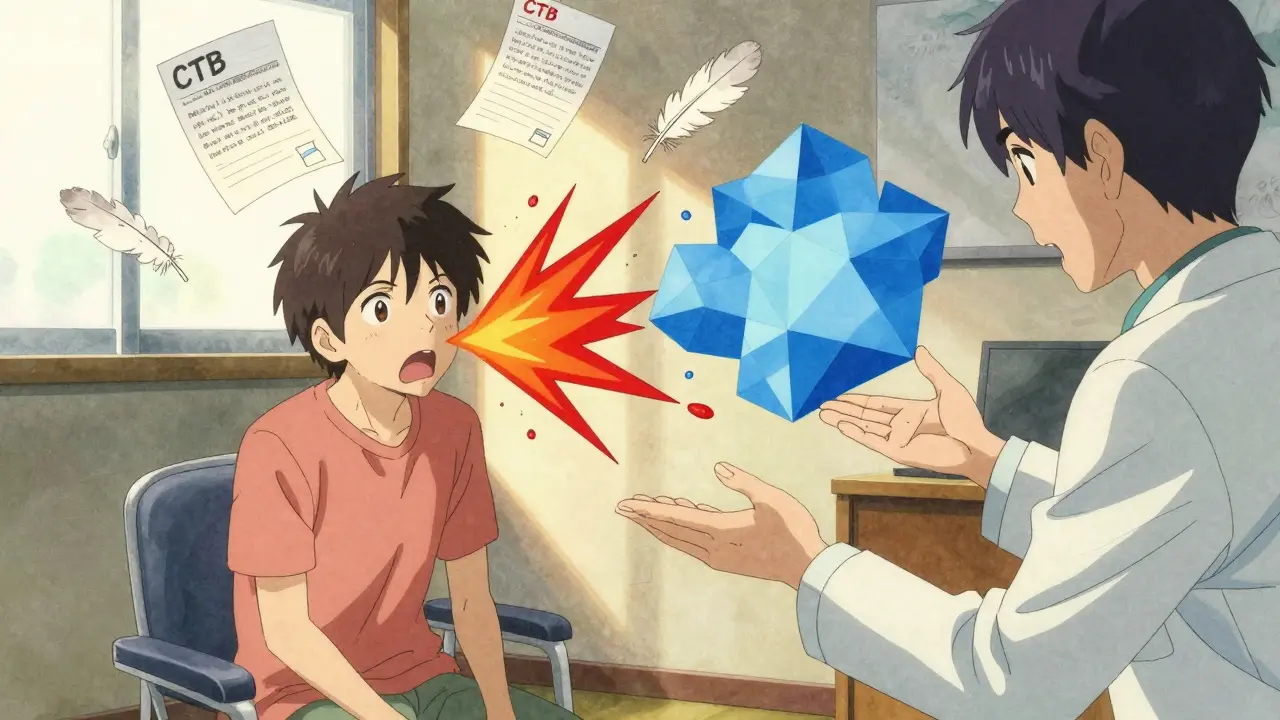 Therapy session where anxious thoughts transform from jagged shards into calm shapes guided by a therapist.