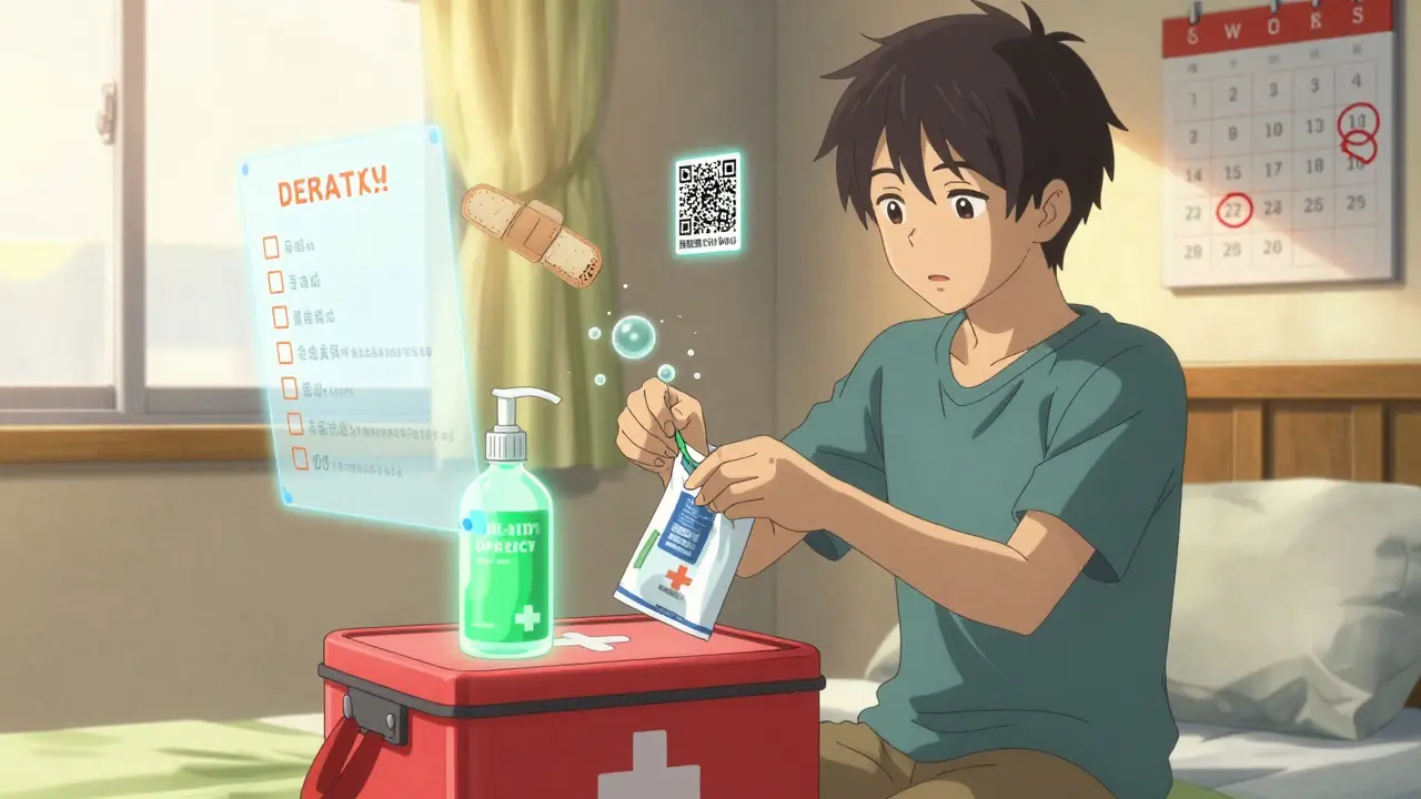 A person replacing expired medical items in a sunlit room, with floating holograms showing expiration status and QR codes.