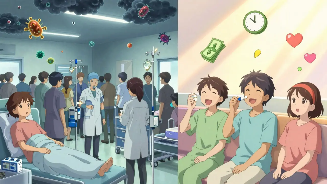 A split scene contrasts overcrowded hospitals with dangerous antibiotics on one side, and healthy patients taking penicillin with glowing positive energy on the other.