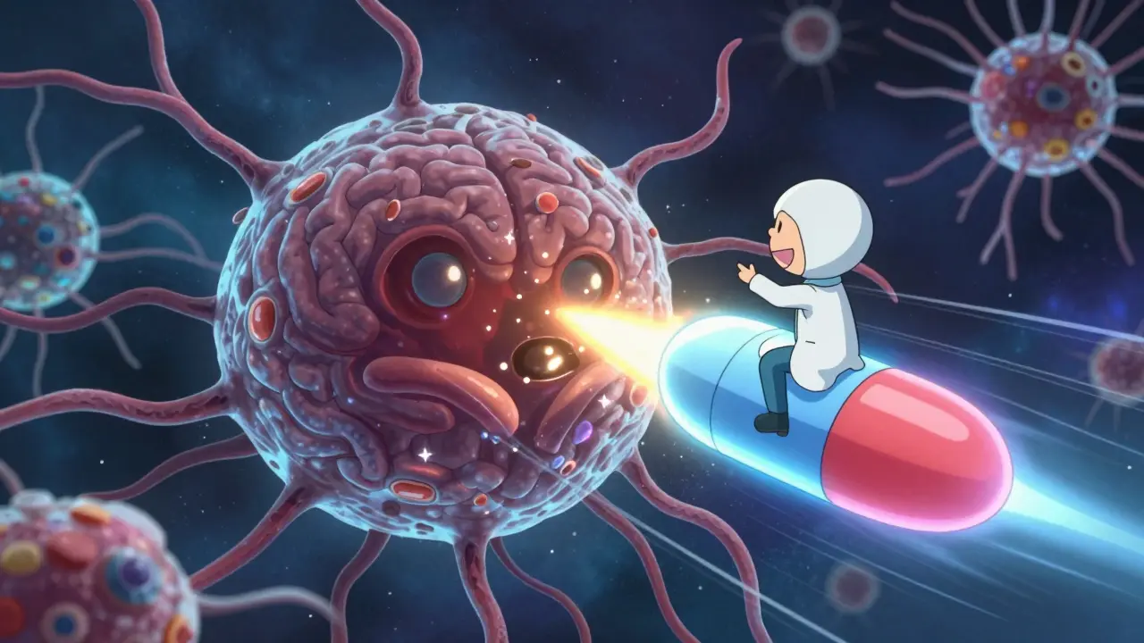 A tiny dopamine warrior on a pill rocket shrinking a tumor inside the brain with sparkling particles.