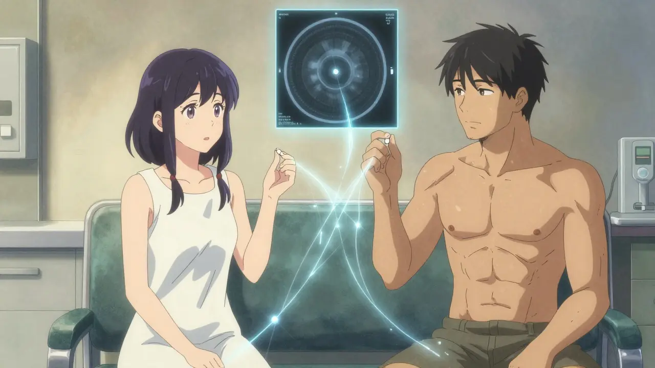 A woman and man holding cabergoline pills as energy threads connect them to a floating MRI scan.