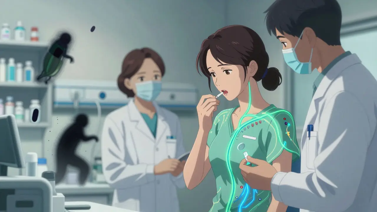 A woman takes a safe penicillin dose under medical supervision, with fading shadowy antibiotics around her as her body shows no reaction.