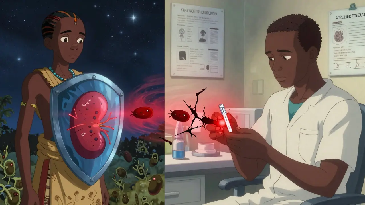 Ancestral African protector versus modern patient with APOL1 kidney damage, shown in split-panel anime style.