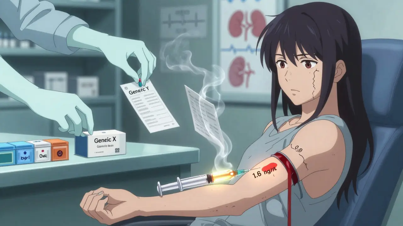 Blood sample showing two contrasting digoxin concentrations as pharmacy generics are swapped behind the patient.