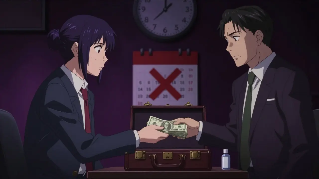 Clandestine meeting between brand and generic drug executives involving reverse payment settlement.