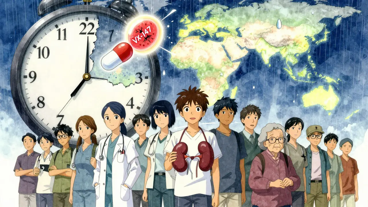 Diverse individuals under a glowing drug molecule and ancestral map, symbolizing hope for equitable kidney care.