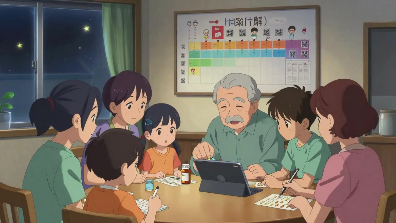 Family updating a medication list together on Sunday evening with digital tablet and illustrated chart.