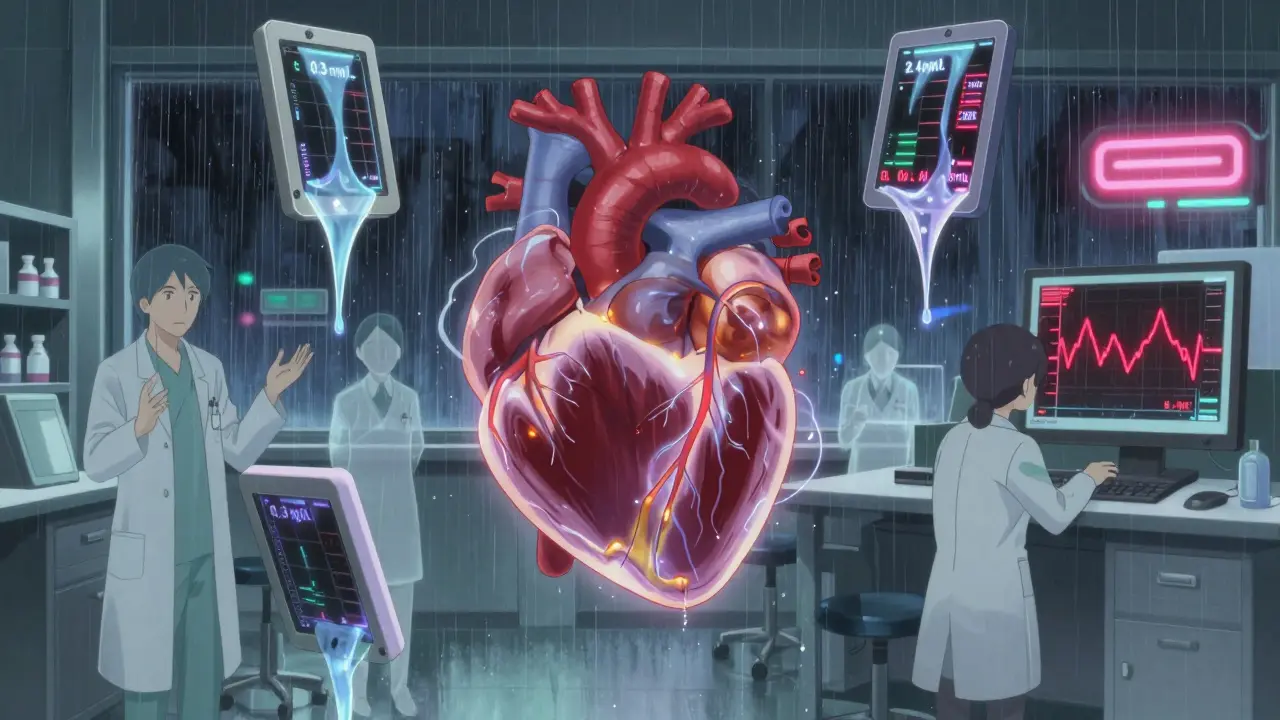 Floating heart with divergent drug streams showing toxic and ineffective digoxin levels, surrounded by indifferent medical staff.