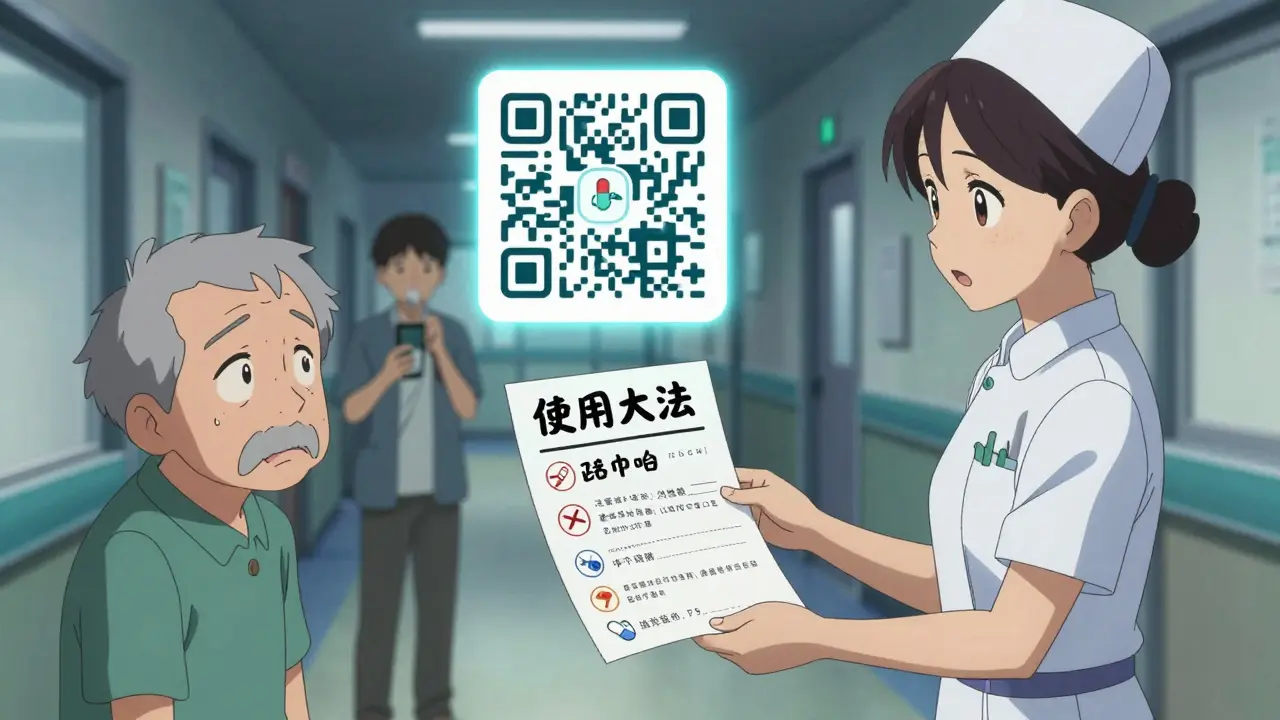 Nurse handing a laminated medication list to a senior being discharged from hospital with glowing QR code.