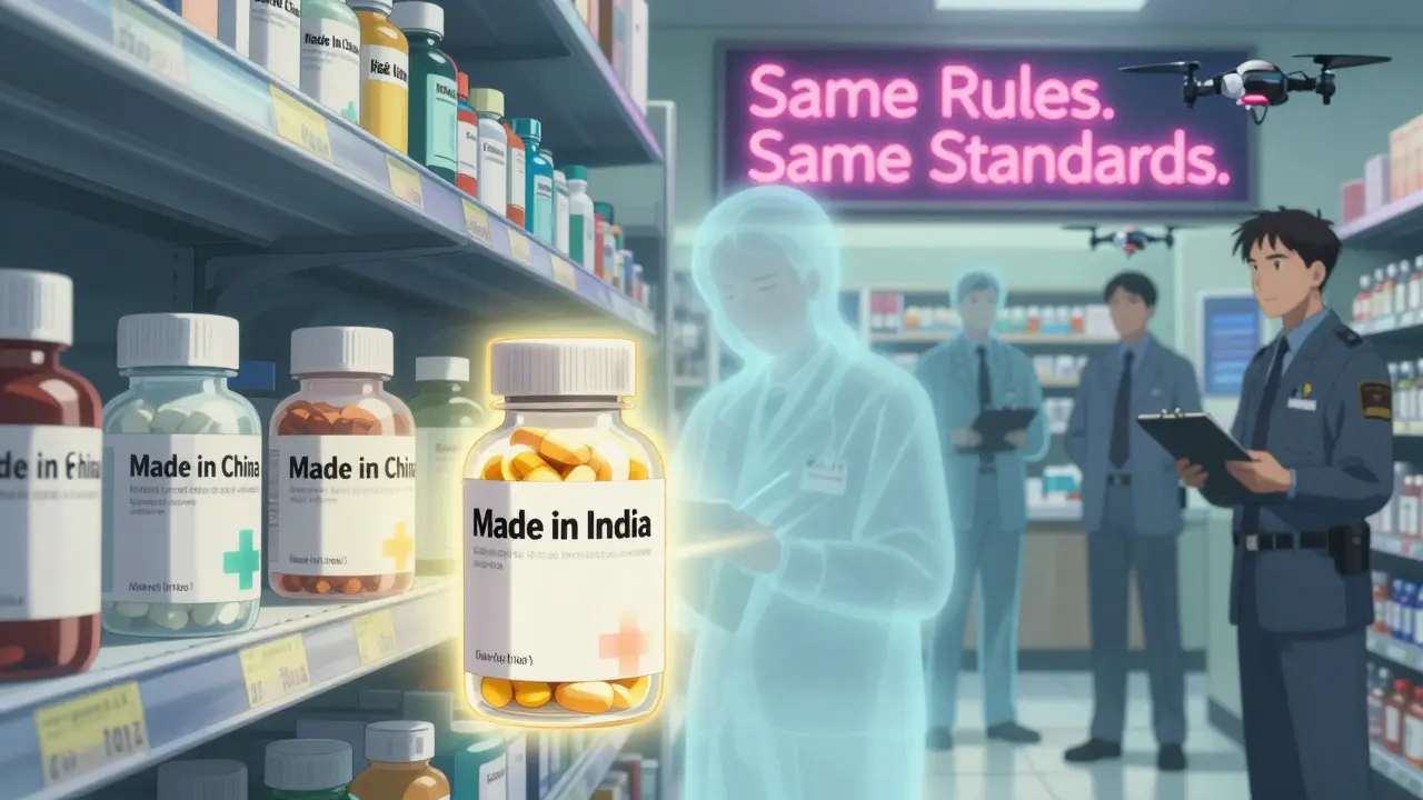 Pharmacy shelf with generic pills radiating compliance, FDA agents replacing negligent inspectors in anime style.