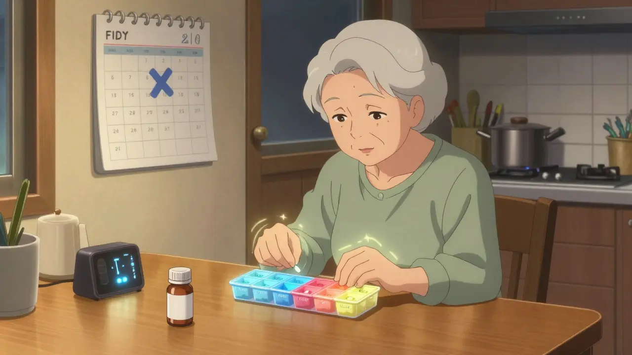 Senior woman filling weekly pill organizer on Friday night with labeled compartments and timer cap