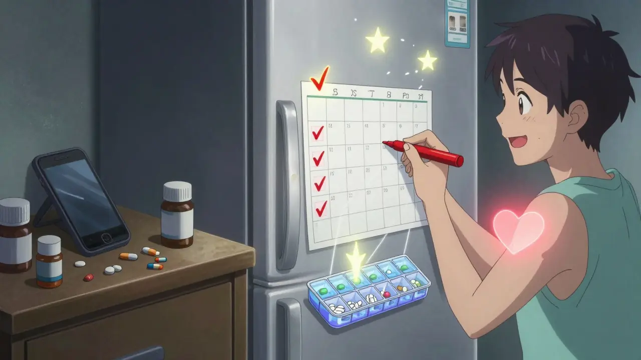 Split scene: cluttered phone vs. person checking off meds on fridge calendar with glowing marks