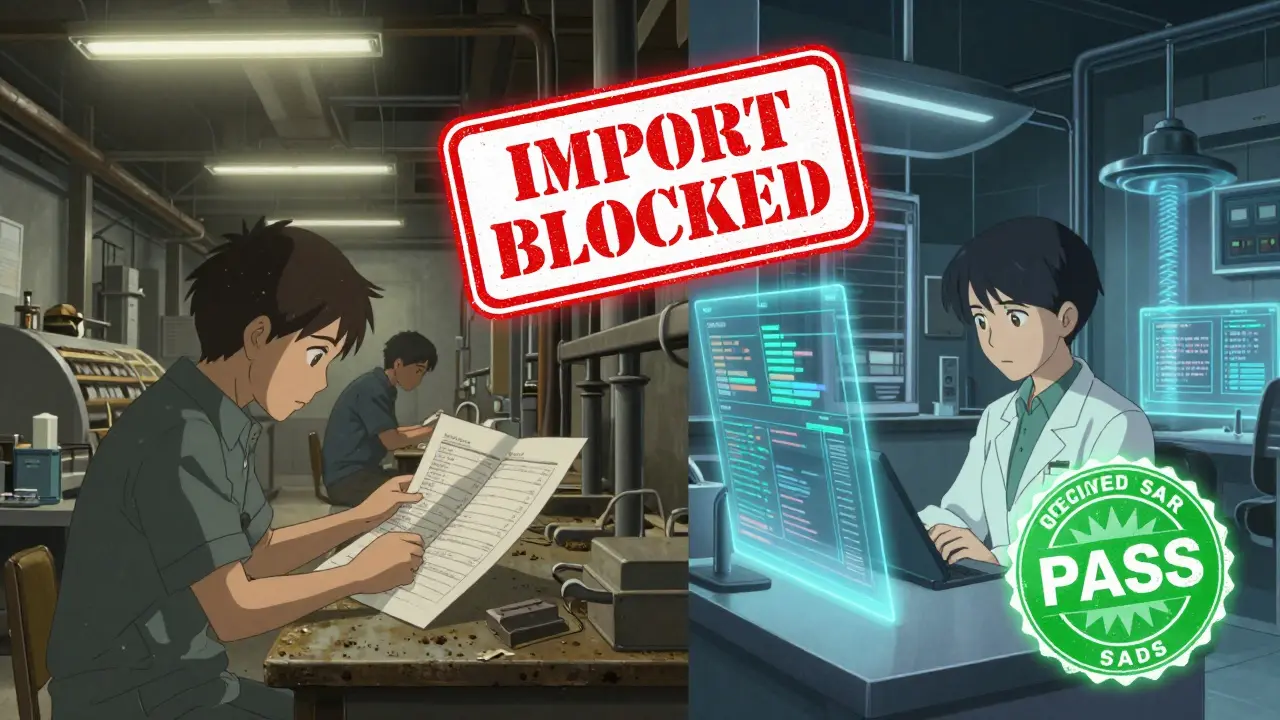 Split scene: outdated paper logs vs. modern holographic quality control systems with import block and pass seals.