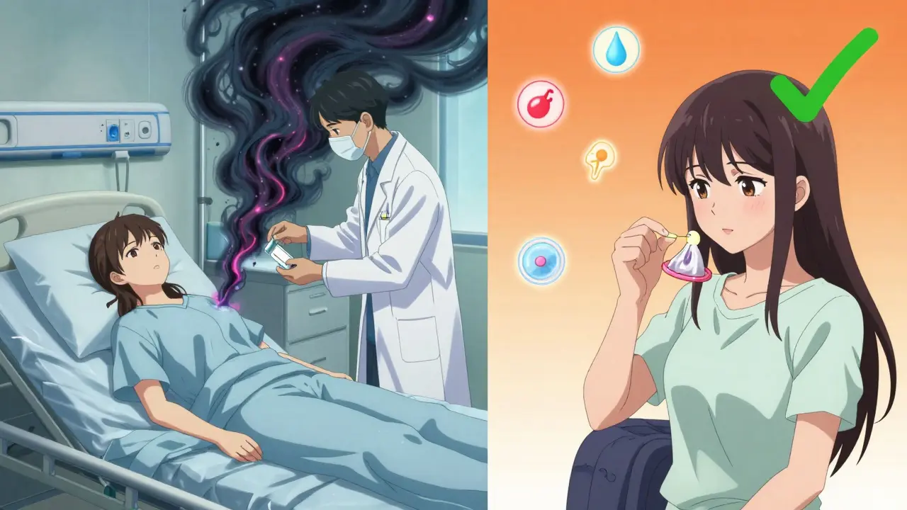 Split scene: rifampin interaction shown as energy drain vs. safe backup contraception.