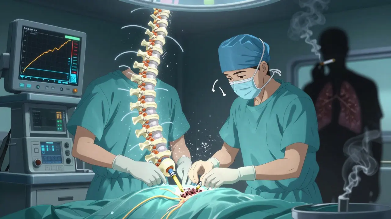 Surgeon inserting a spinal spacer with stardust-like bone graft, nerves decompressing.