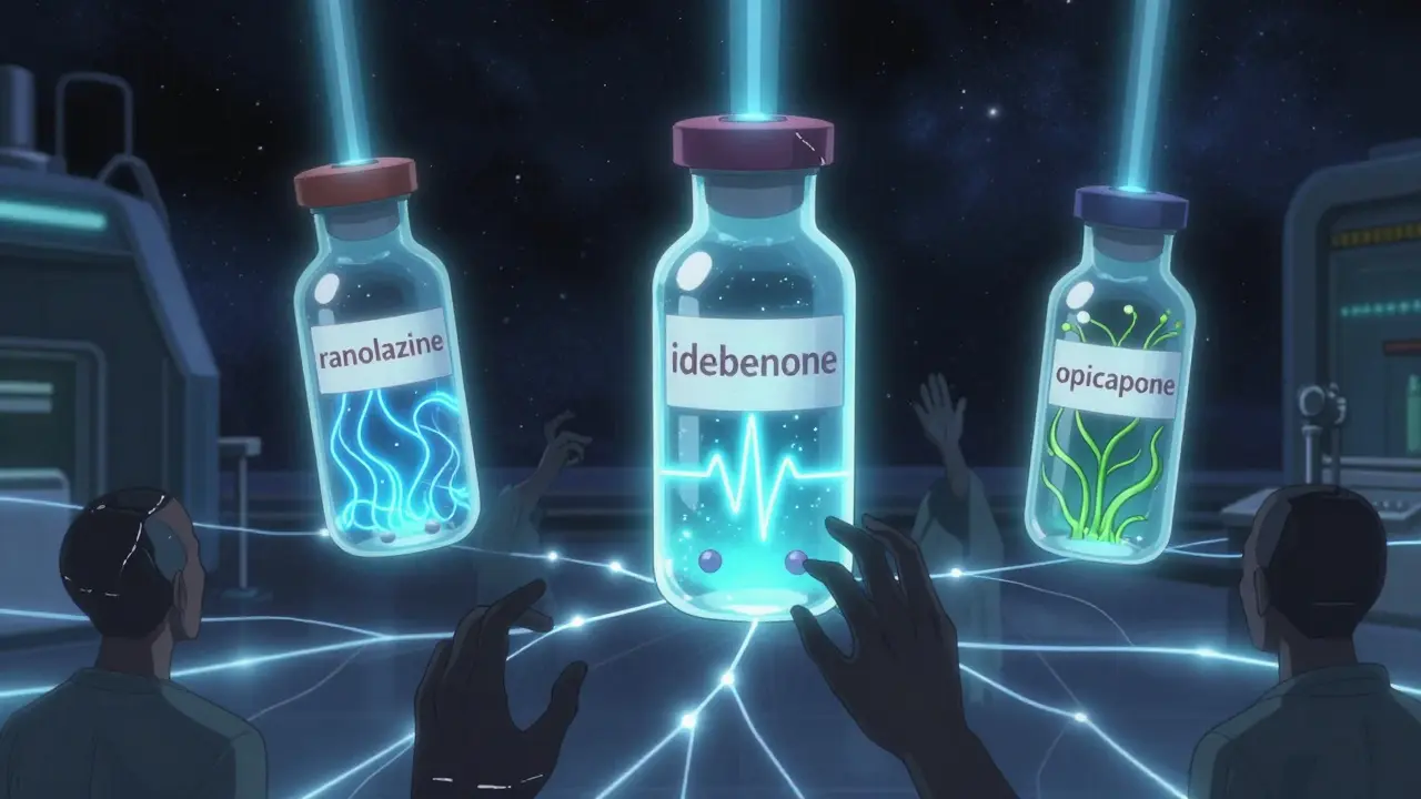 Three glowing vials with neuroprotective molecules surrounded by human silhouettes reconnecting neural pathways in a starry void.