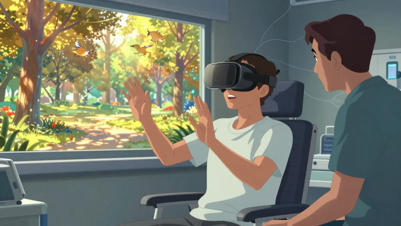 VR therapy session where stroke survivor interacts with virtual environment.