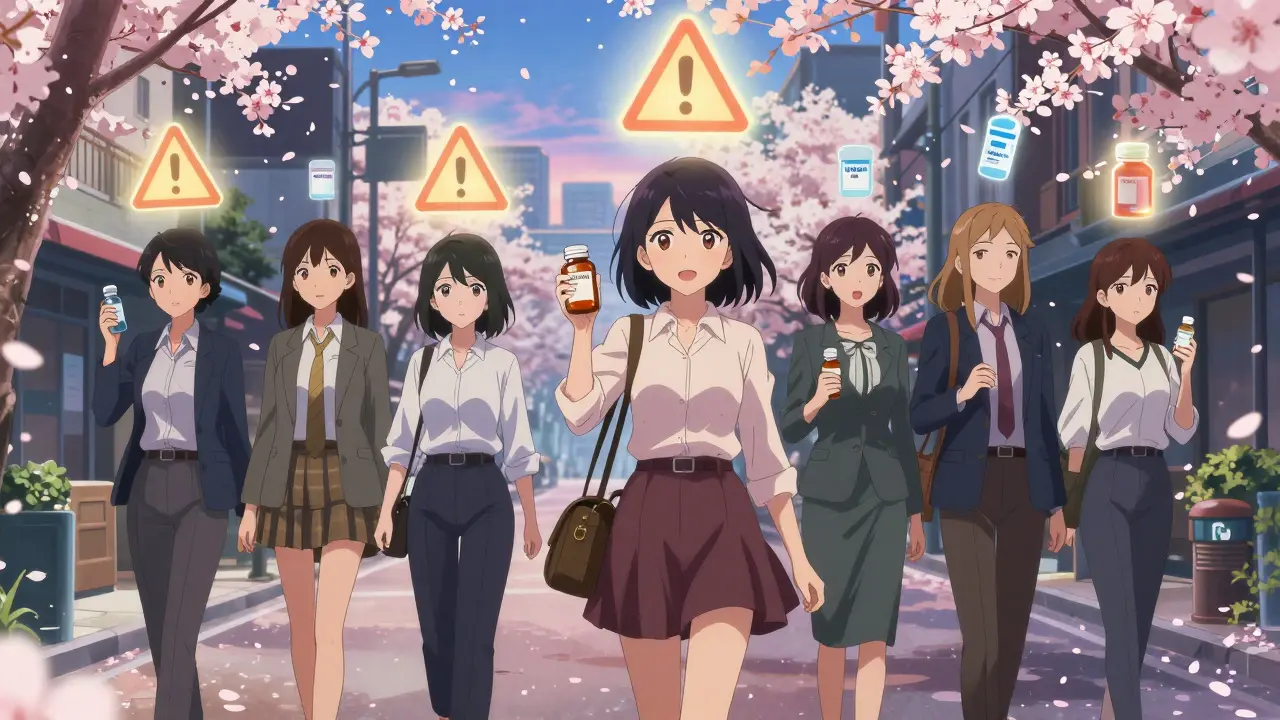 Women walking with medications; only rifampin and St. John’s Wort trigger warning signs.