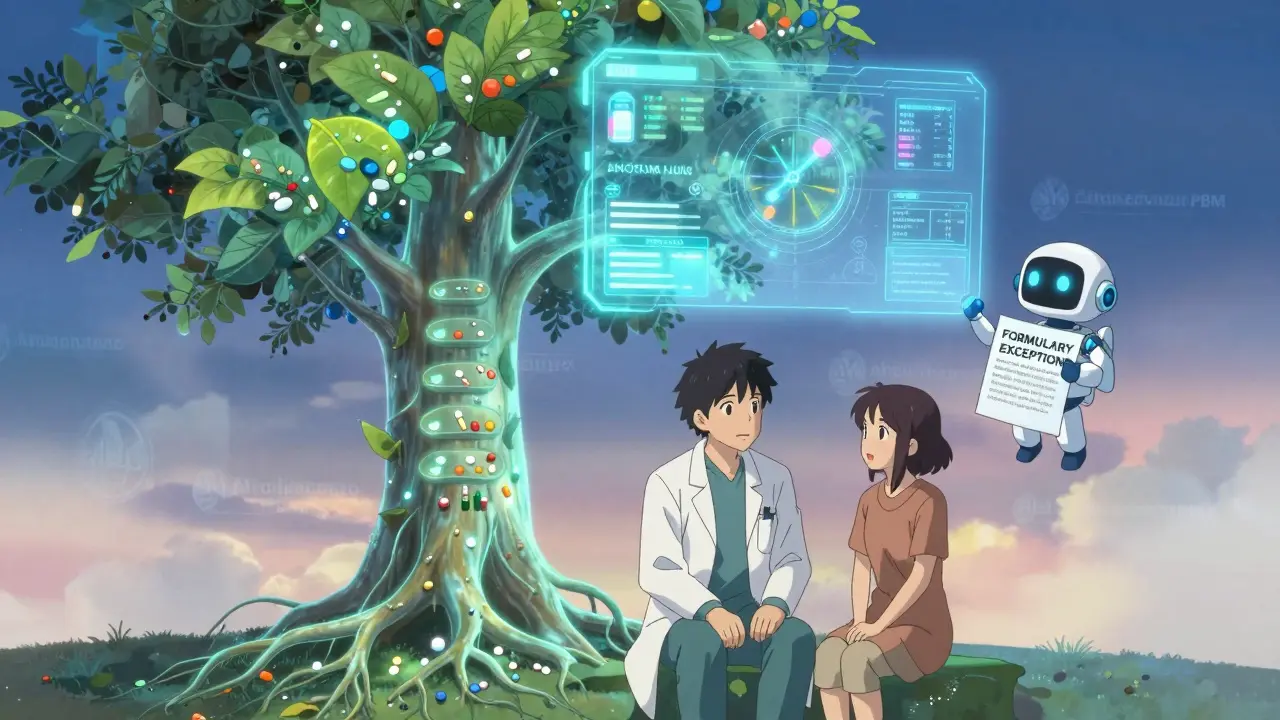 A doctor and patient sit under a medical tree with drug leaves changing color, while an AI interface suggests biosimilars.
