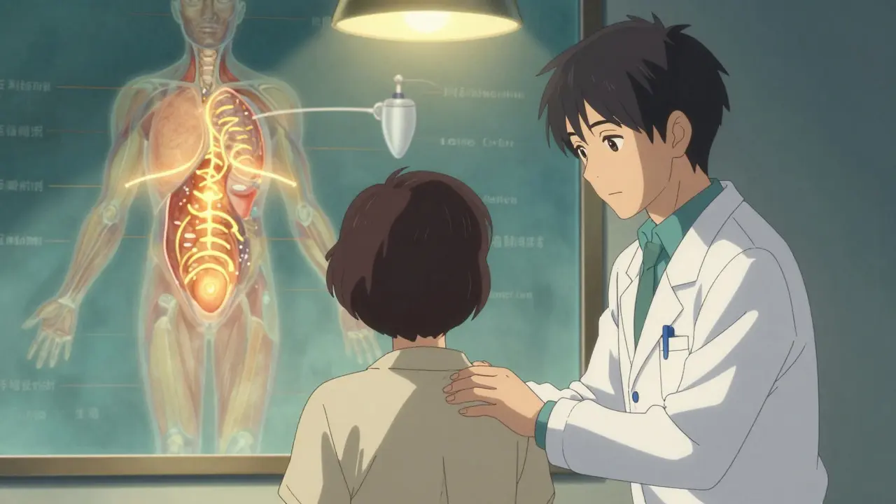 A doctor and patient together, with glowing non-drug therapies illuminating the body in a peaceful setting.