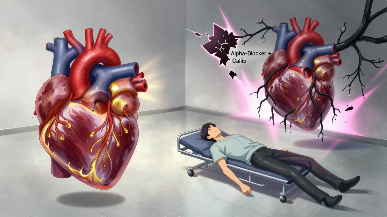 A man fainting as medical symbols clash, showing the dangerous interaction between alpha-blockers and ED medication.