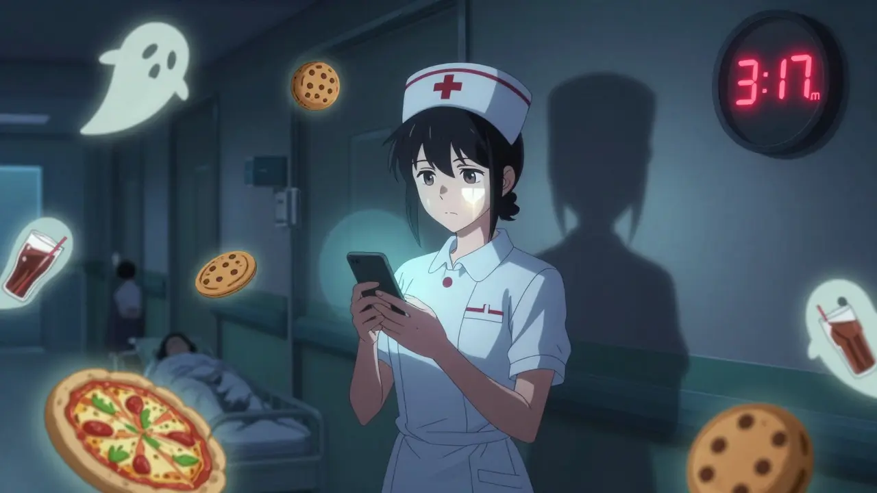 A night shift nurse surrounded by glowing junk food, her shadow showing a healthier version of herself.