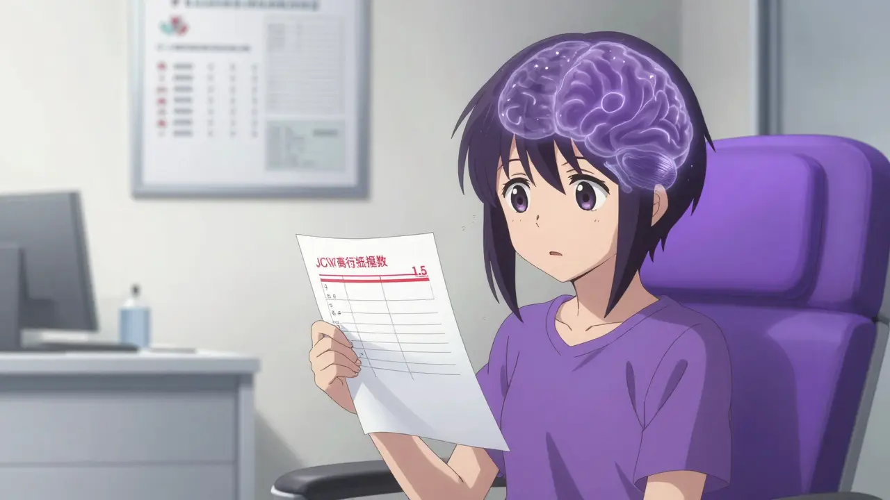 A patient in a neurologist's office holding a blood test with a high JC virus antibody index, brain lesions visible as shadowy overlays.