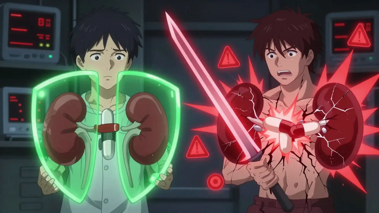 A patient protected by one medication versus the dangerous clash of combined ACE inhibitor and ARB pills.