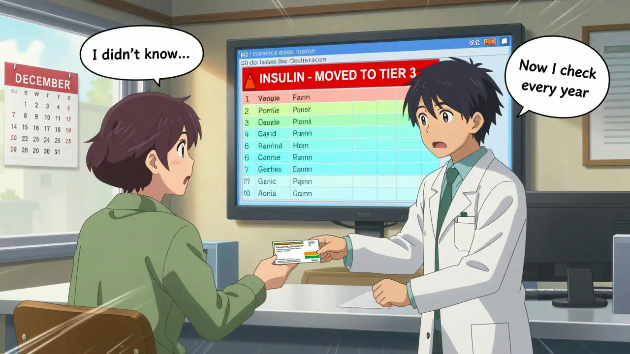 A pharmacist hands a prescription to a surprised patient while a digital formulary screen shows a drug moving to a higher tier.