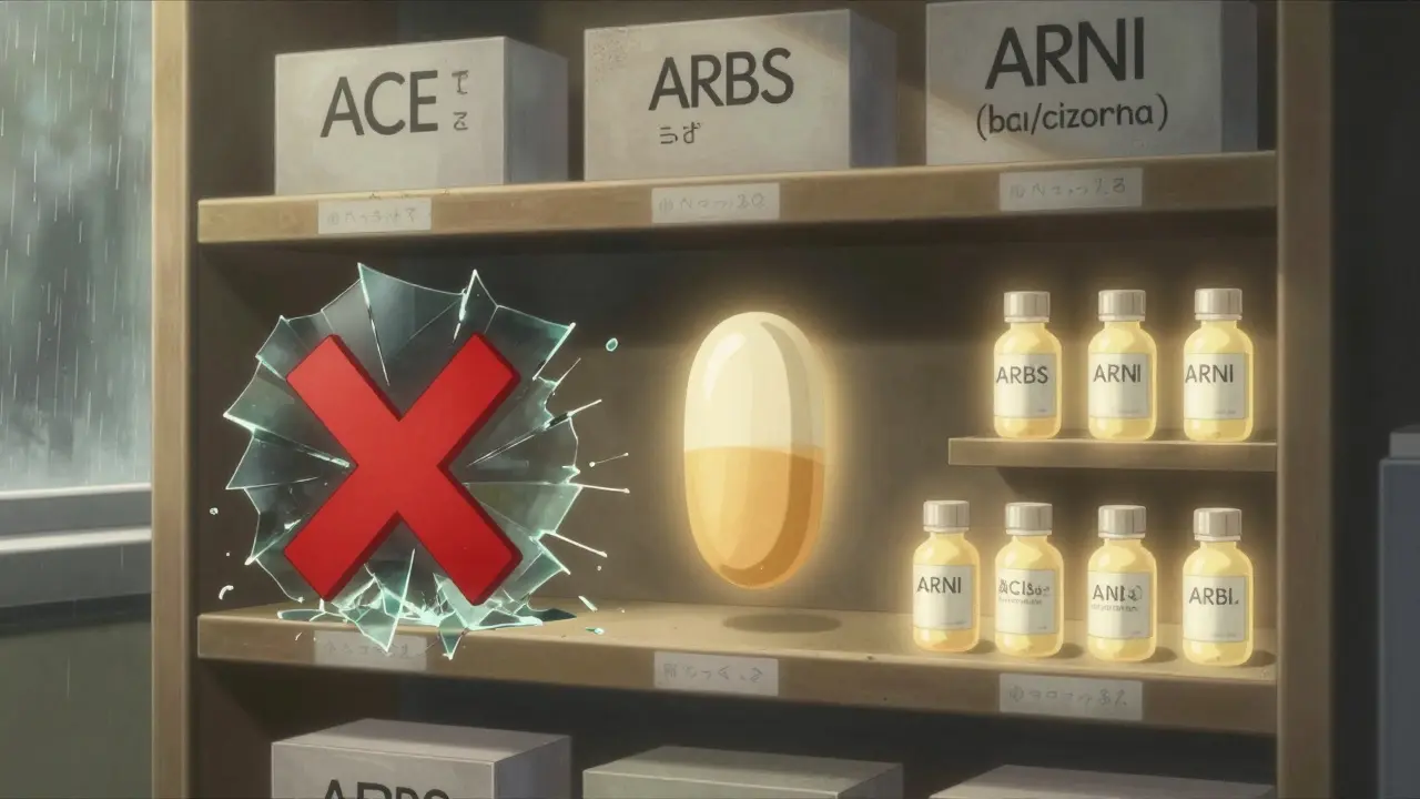 A pharmacy shelf with banned RAS combo marked by red X, alternatives glowing as safer choices.