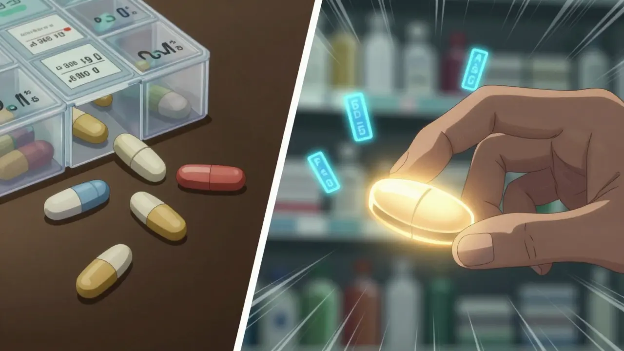 A single glowing combo pill replacing a cluttered pile of separate blood pressure pills.