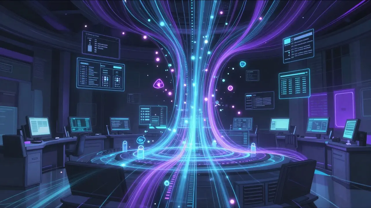 Abstract digital streams converging into a centralized database structure