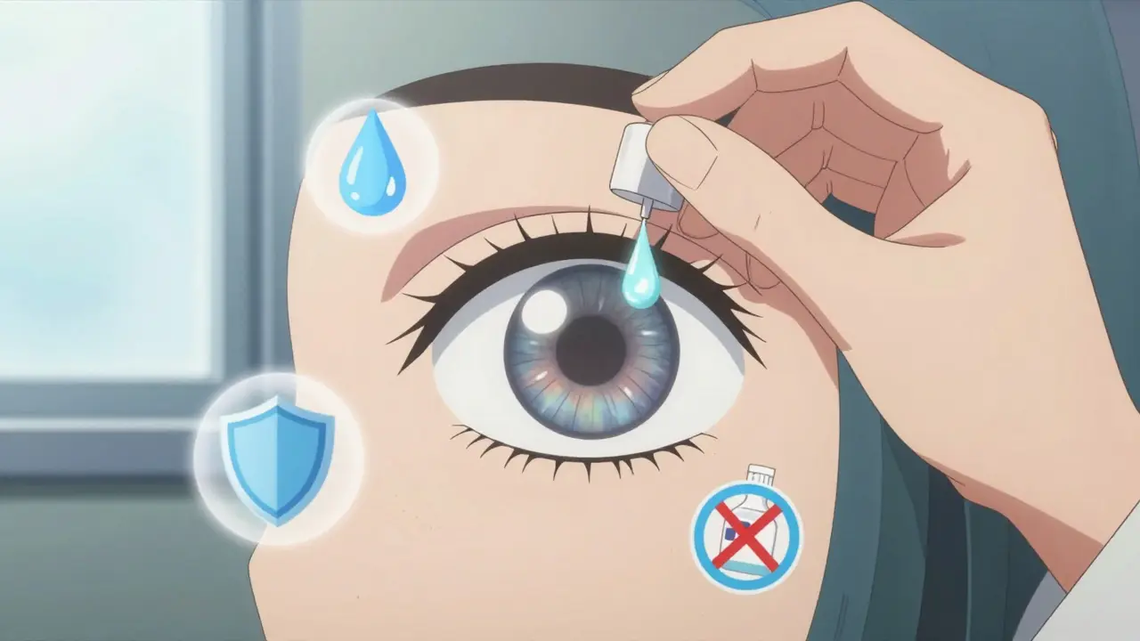 Close-up of hand applying eye drop with floating icons of hydration, allergen protection, and banned redness drops.
