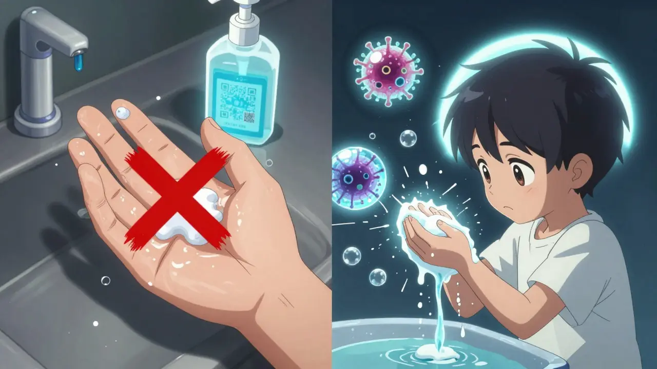 Contrast between improper hand sanitizer use on dirty hands and proper soap-and-water washing with glowing clean light.