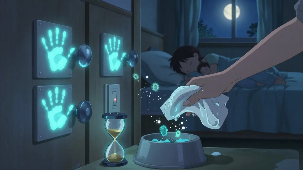 Glowing germs on household surfaces being neutralized by a clean hand, with a 20-second sand timer visible.