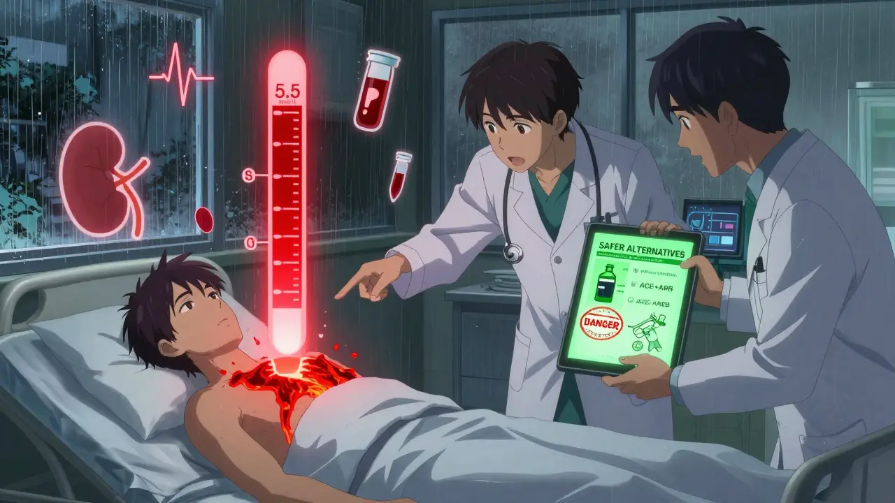 Hospital scene with rising potassium levels and doctors debating combination drug risks.