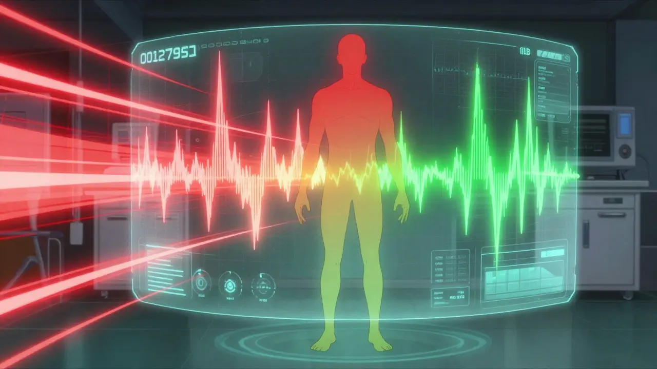 Human silhouette surrounded by holographic medical data showing treatment progress.
