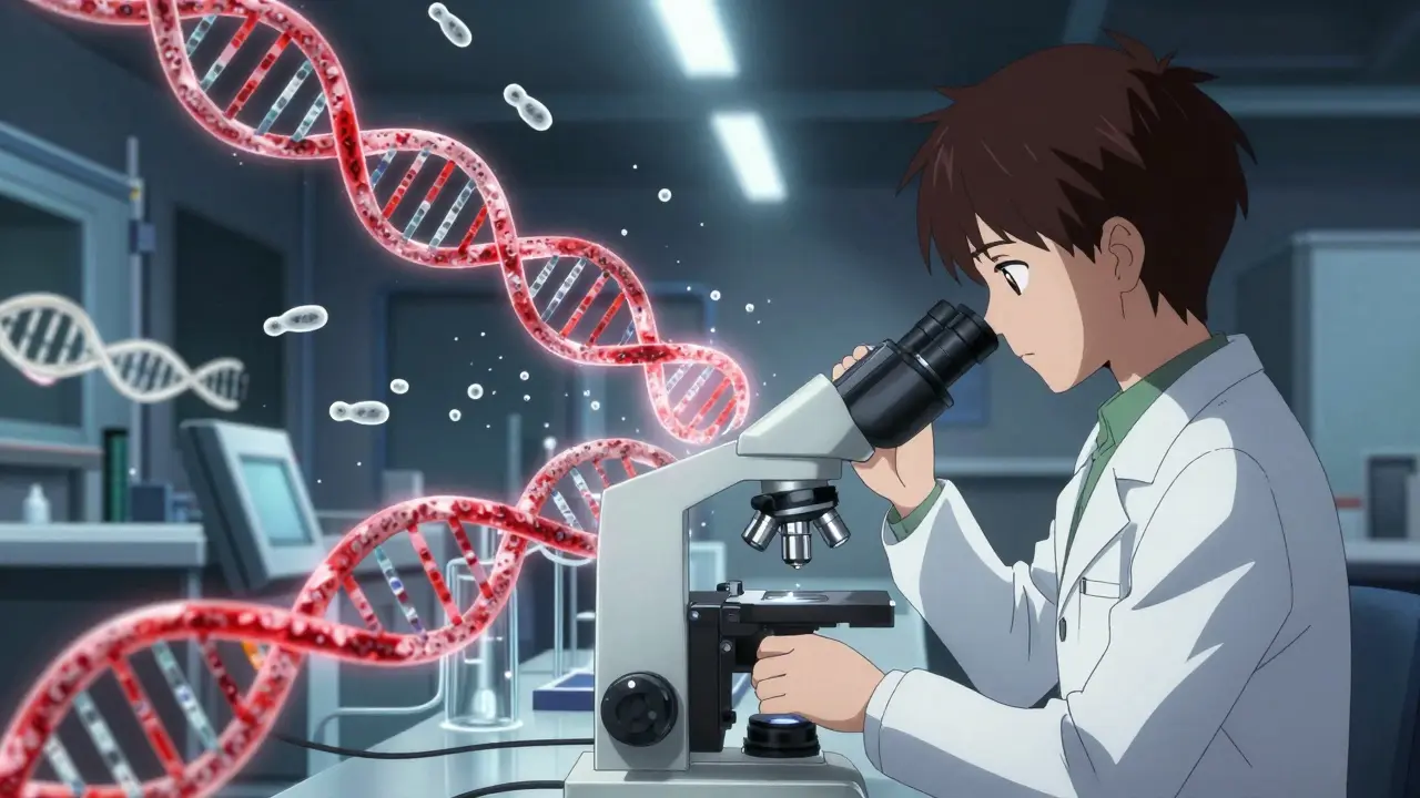 Laboratory technician analyzing blood sample with highlighted tumor DNA fragments.