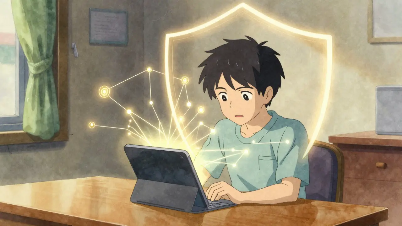 Patient at desk connecting to safety network via digital interface