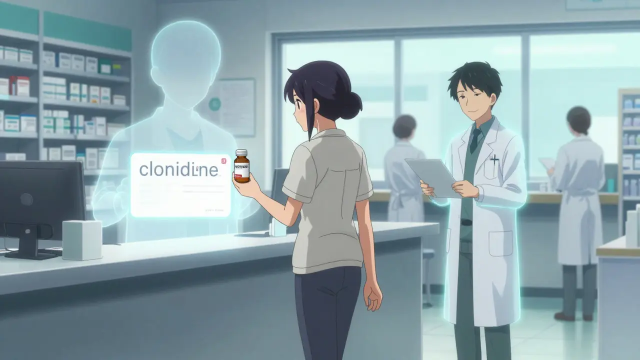 Patient walking away with correct medication as a ghostly miswritten prescription fades behind them.